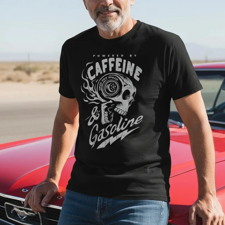 Powered By Caffeine & Gasoline Men T‑Shirt Skull Tire Flame Graphic Sleeve Car Mechanic Summer Casual Tops Family Matching Tees