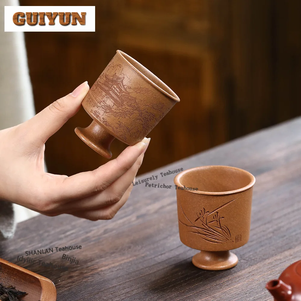 

90 мл Исин Фиолетовая глина Чайная чашка на высокой ножке Эстетическая чайная чаша Кружка Чайная дегустация Персональная чашка Jianzhan Master Cups Посуда для напитков Ремесло