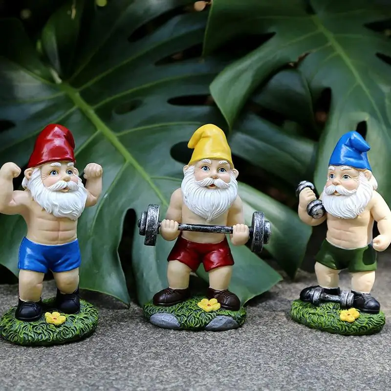 Estatua de enano de jardín para exteriores, mancuerna de Fitness divertida, adorno de escultura de Gnomo de levantamiento de pesas, estatuilla enana para decoración de césped del hogar
