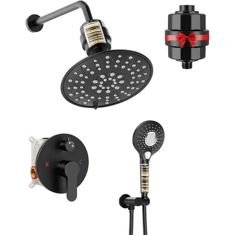 Shower System - 8 Inch Dual Filtered Rainfall Shower Head Combo - High Pressure 3 Spray Mode Showerhead-Included Rough