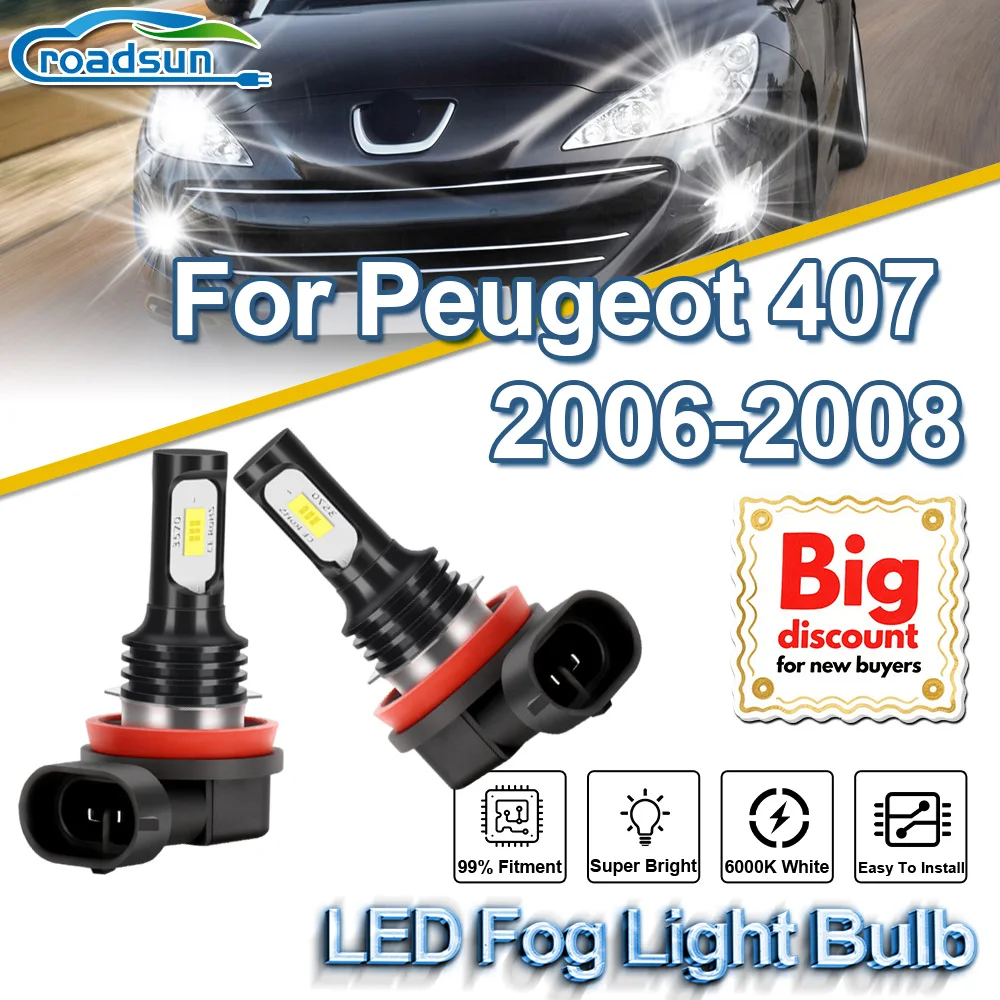 ROADSUN 2PCS Upgrade Canbus Car LED Fog Light Bulbs Super Bright Fog Lamp Ampoules Easy To Install【For Peugeot 407 2006-2008】