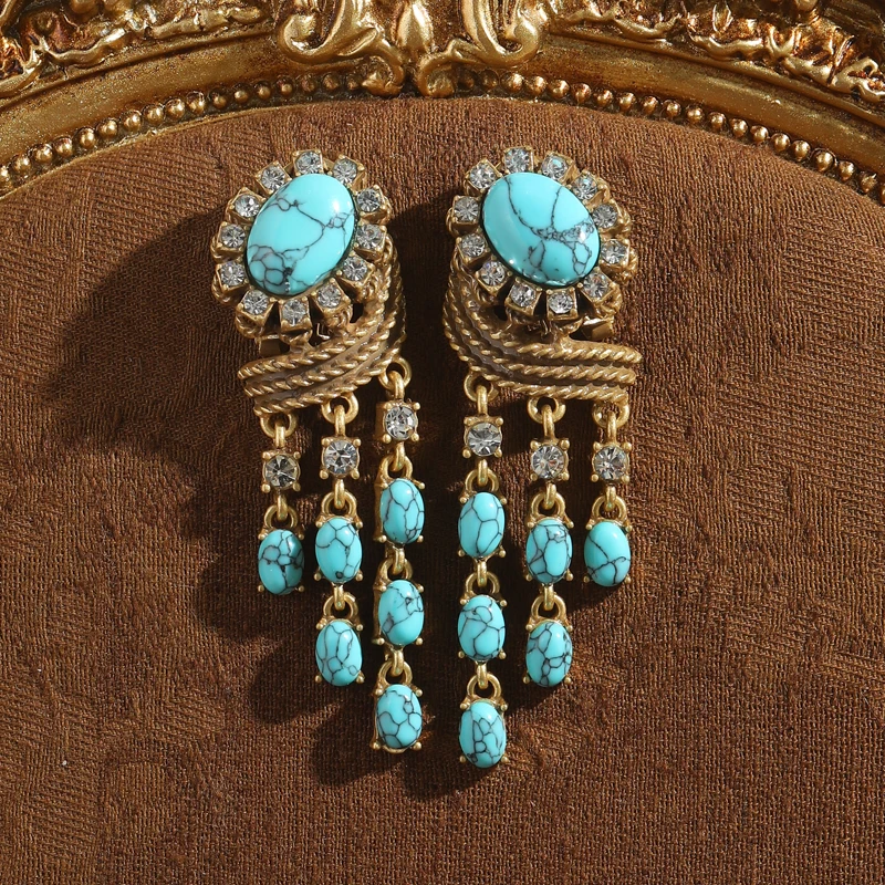 

Blue Natural Stone Vintage Turquoise Earring For Lady Egg Design Pendant Tassel Beads Jewelry Luxury Valentine's Day Retro Gift
