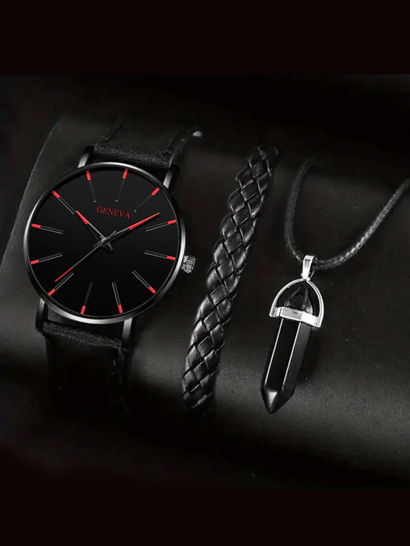 3pcs Casual Fashion graduated alloy leather men\'s quartz watch with leather bracelet necklace set gift