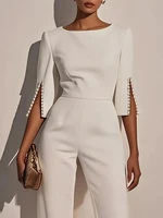 Women's Jumpsuit Casual Solid Color 3/4 Length Sleeve Straight Round Neck Beaded High Waist Daily Going out Regular Fit Black Wh