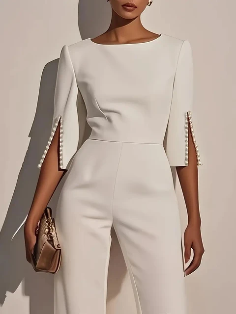 Women's Jumpsuit Casual Solid Color 3/4 Length Sleeve Straight Round Neck Beaded High Waist Daily Going out Regular Fit Black Wh