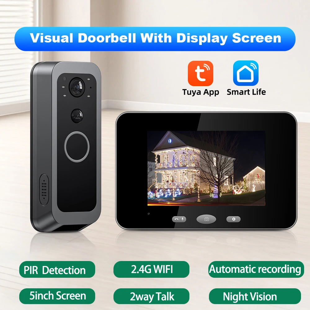 

Видеодомофон Tuya Wi-Fi с двусторонней связью, датчиком движения PIR и камерой-глазком 145 ° Широкоугольная видеокамера с эффектом «эффект глаза»