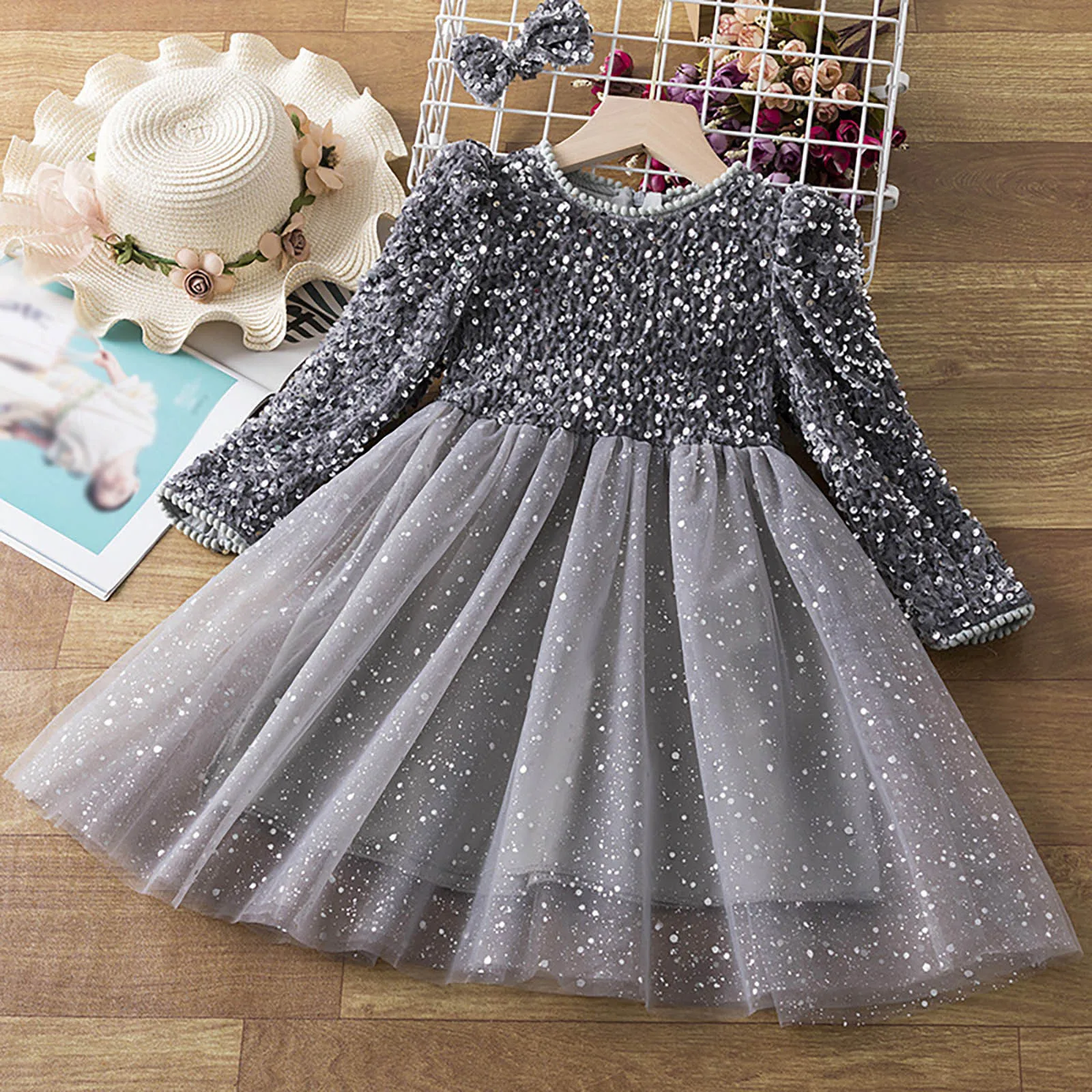 Sequin Girls Princess Party Dresses for 3-8 Yrs Kids Birthday Wedding Evening Prom Gown Spring Fall Long Sleeve Children's Dress