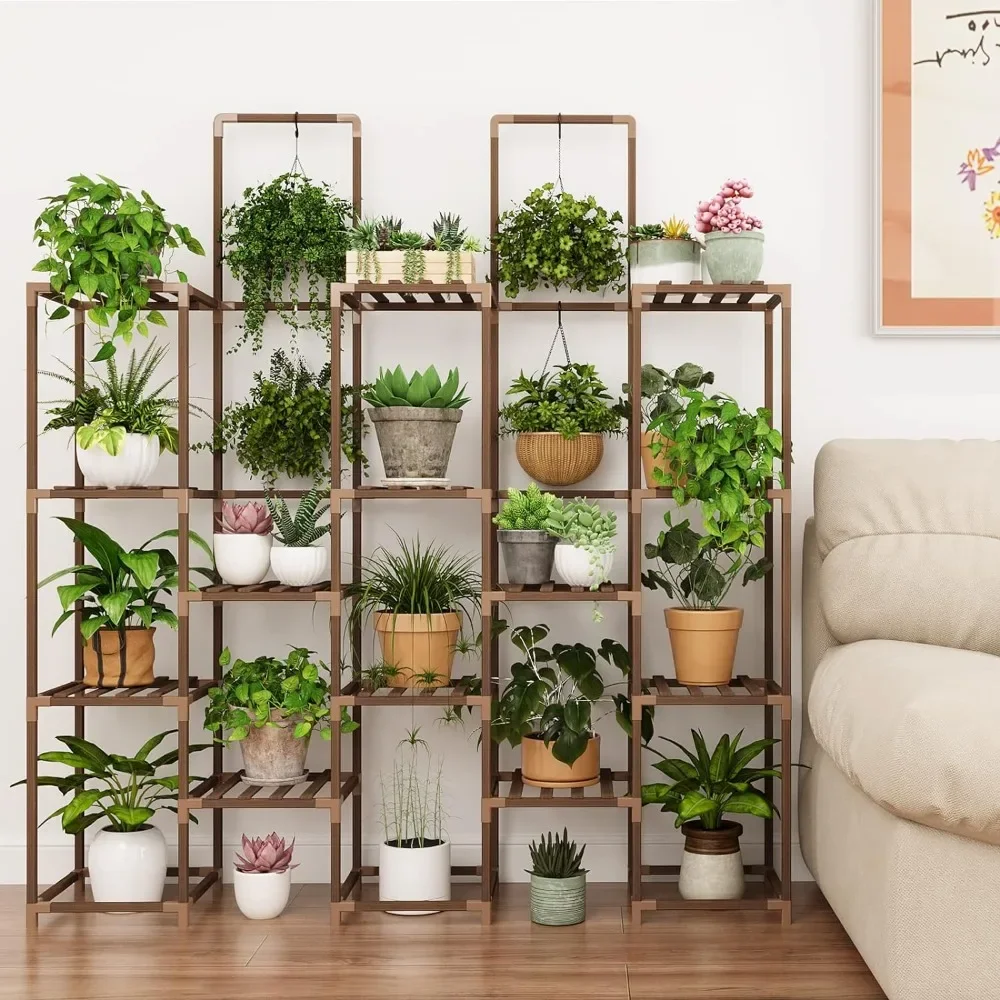 Whonline Plant Stand Indoor, Large Outdoor Rack with 6 Tiers and 13 Potted Holders, Wood Tiered Tall Shelves for Multiple Plants