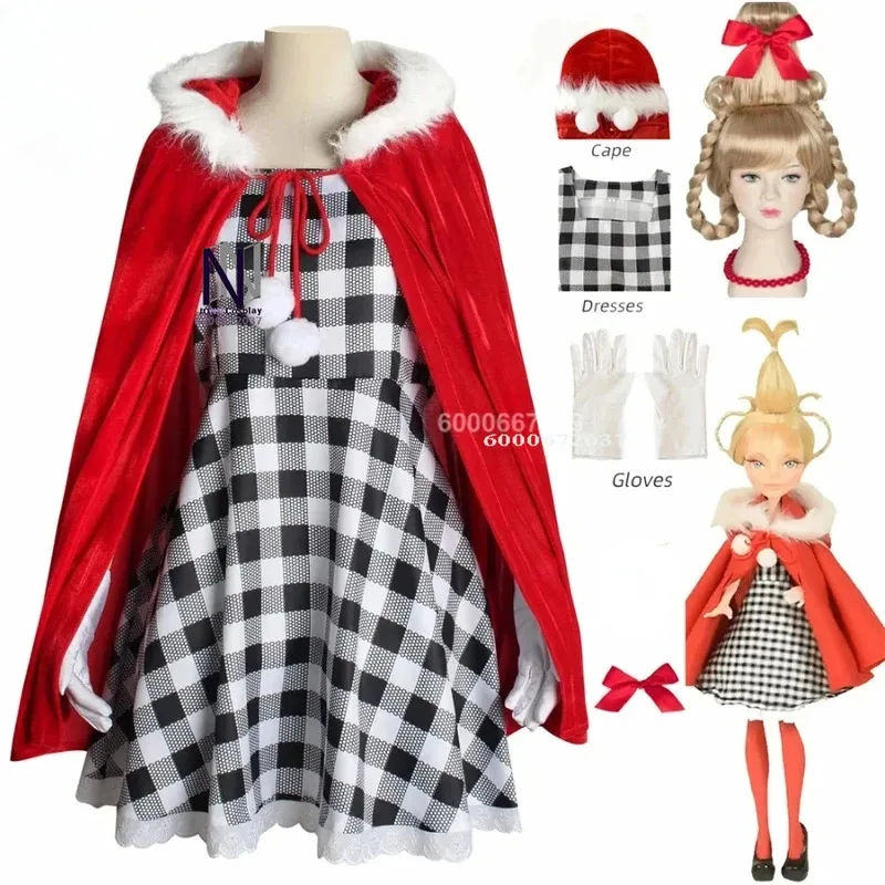 

Cindy Lou Who Cosplay Costume Plaid Dress Red Hood Cloak Green Braid Wig Christmas for Women Girls stage performance clothing