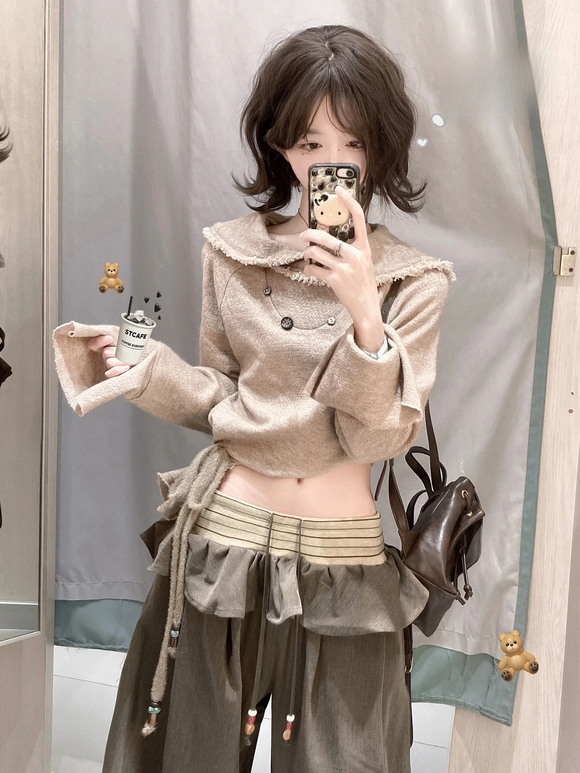 เสื้อสเวตเตอร์ถักสไตล์ญี่ปุ่นย้อนยุค แขนยาว ทรงหลวม สำหรับผู้หญิง คอเสื้อแบบรุ่ย แฟชั่นฤดูใบไม้ร่วง เสื้อยืดทันสมัย