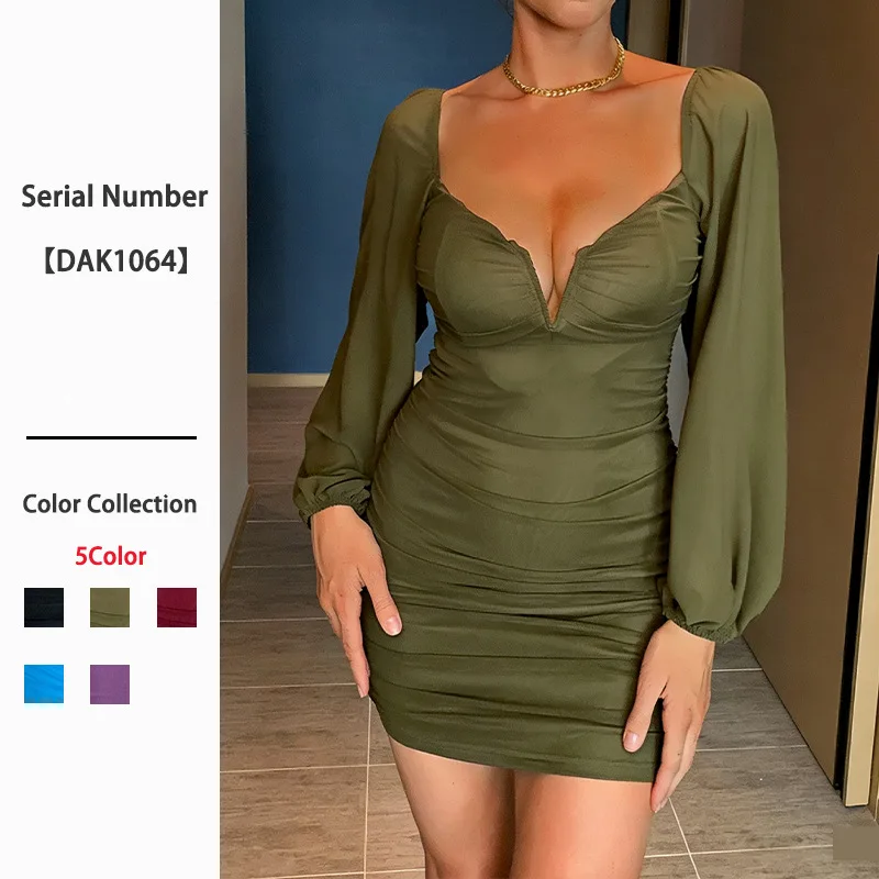 

Mesh Long Sleeve Dress Women Spring Summer Sheer Neckline Dresses Mini Bodycon Evening Party Club Cocktail Outfit Clothes