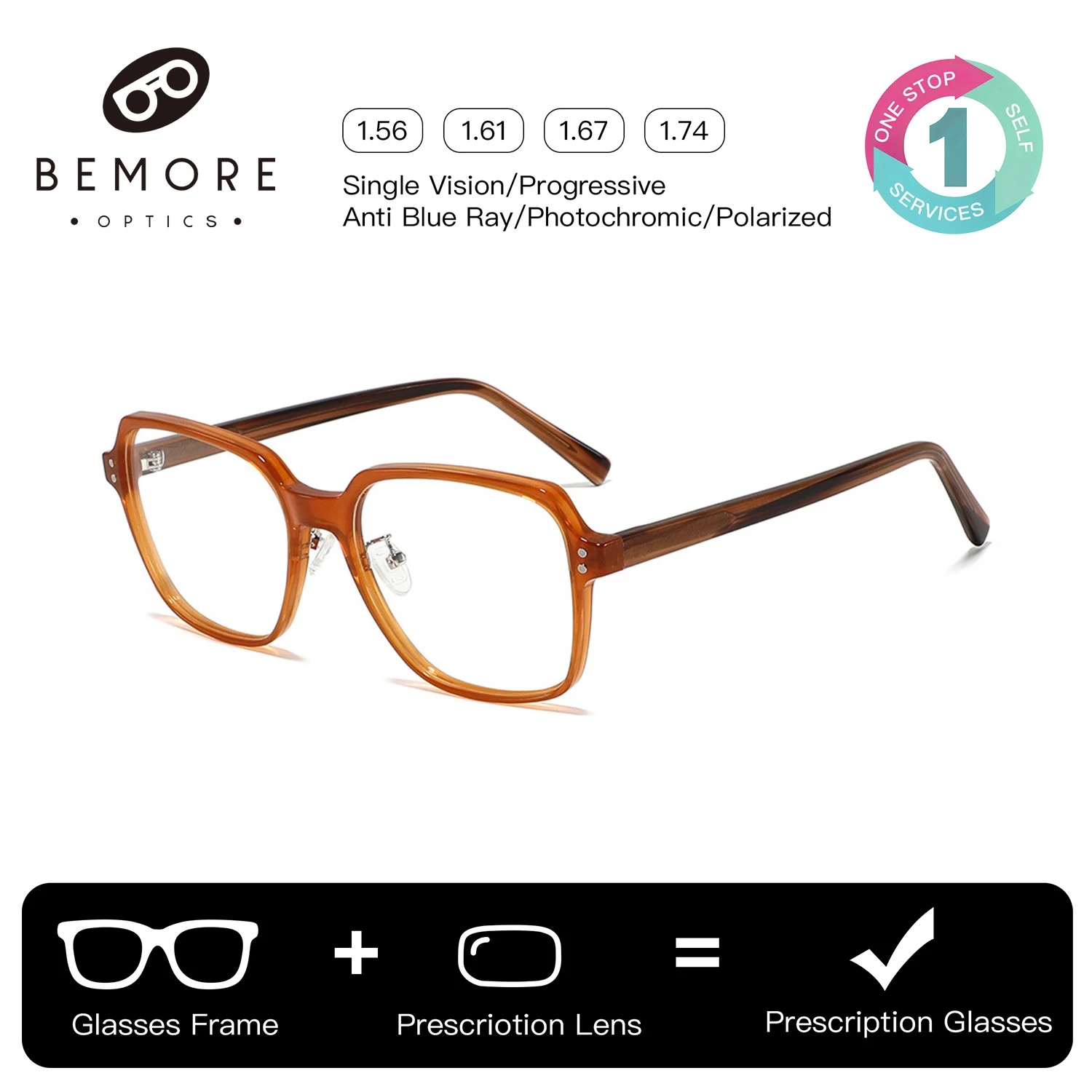 

BEMORE Unisex Square Geometric Ultralight Acetate Progressive Lenses for Men Blue Light Blocking Prescription Eyewear