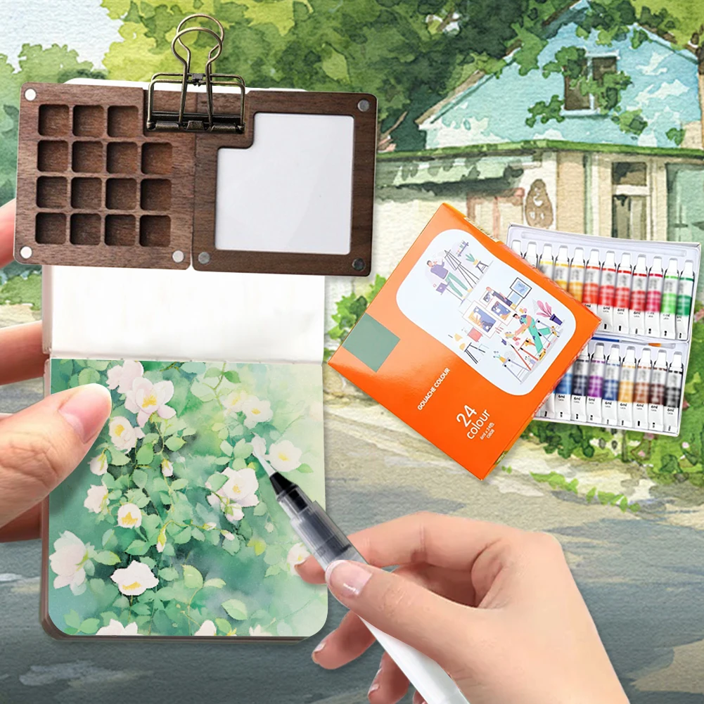 6/15 Grid Wooden Grid Paint Box Pocket Artist Travel Paint Palette Mini Watercolor Paint Set for Painters Artists Students