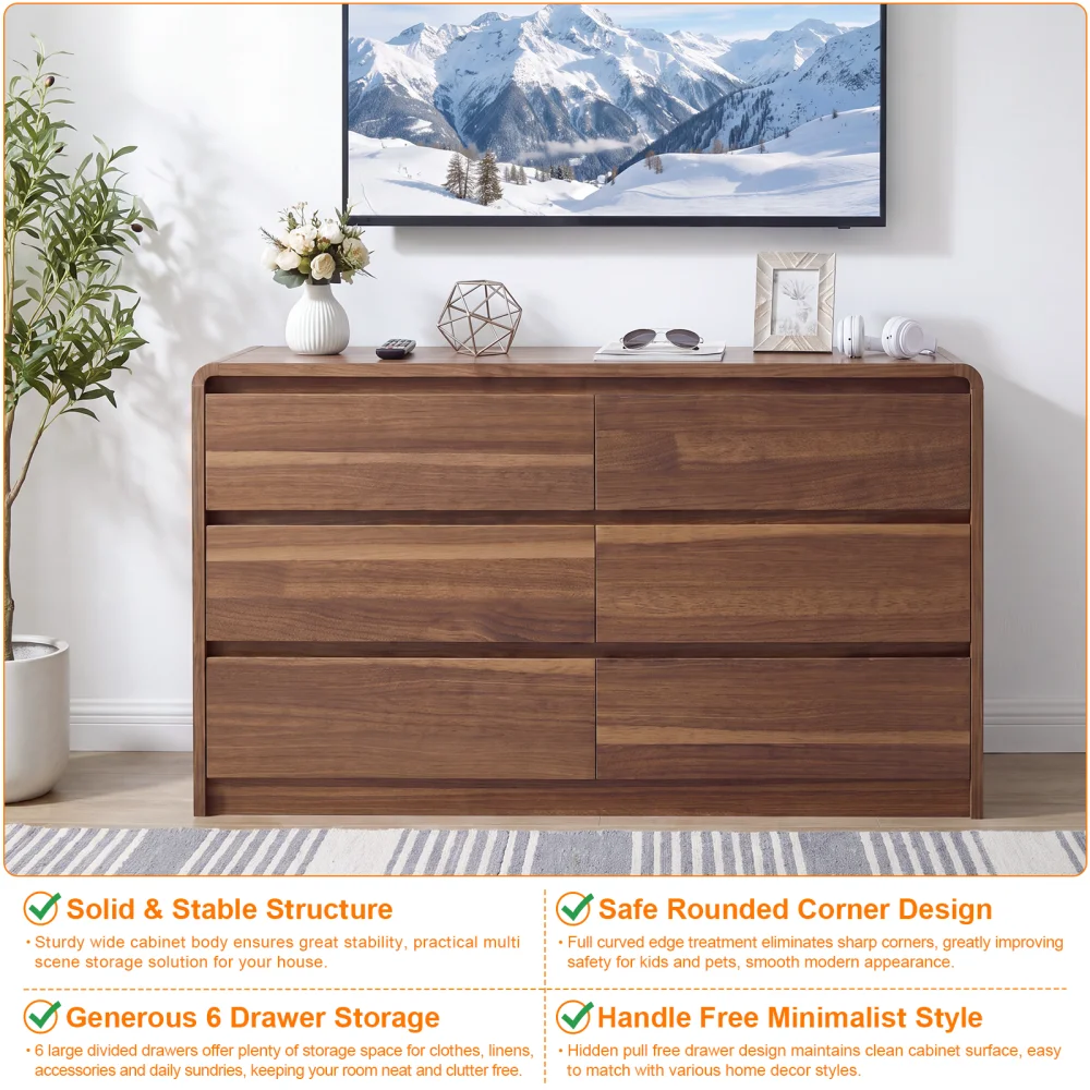 6 Drawer Dresser for Bedroom, Large Storage Chest of Drawers with Rounded Corners & Concealed Handles, Wood Storage Cabinet, Waterproof Scratch Resistant, Can Be Used as TV Stand