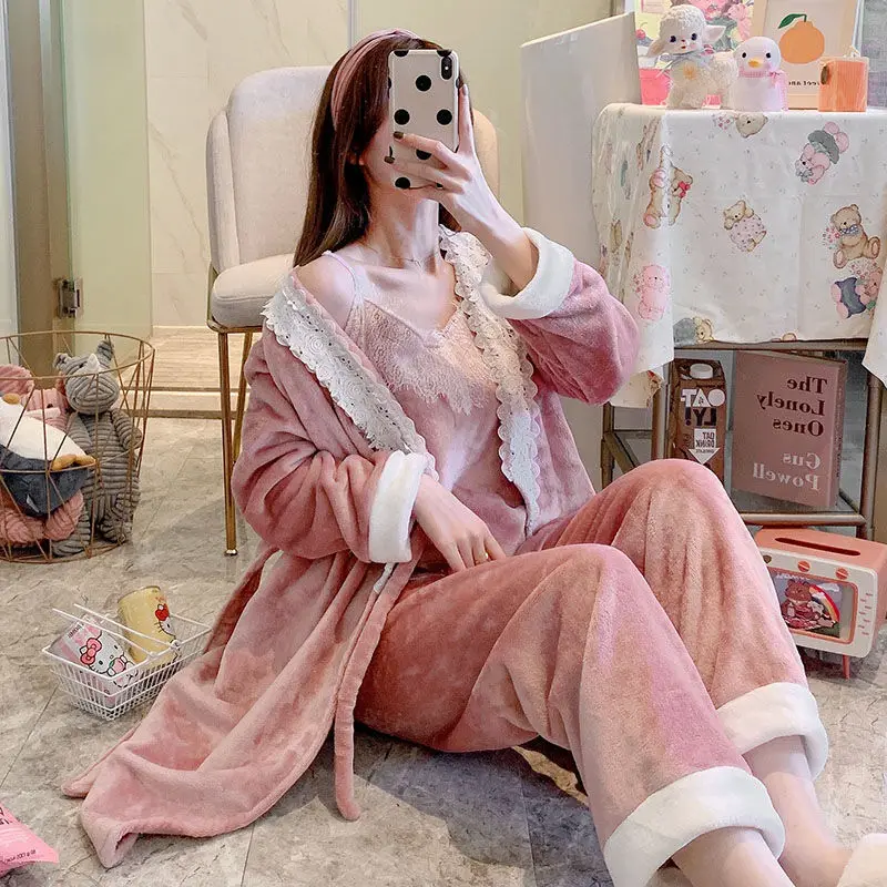 3PC Autumn Winter Coral Fleece Women Pajamas Sets Flannel Robe Sexy Tanks Tops & Pants Female Sleepwear Nightwear Sleep Suit F