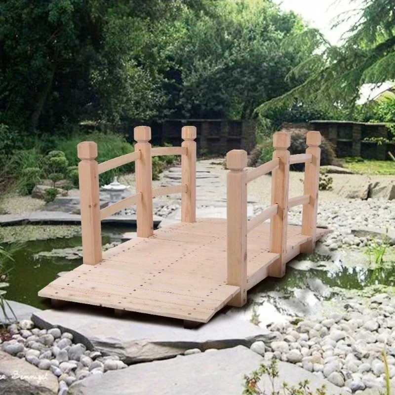 

5 ft Wooden Bridge Stained Finish Yard Decor Wood Garden Pond Arch Walkway