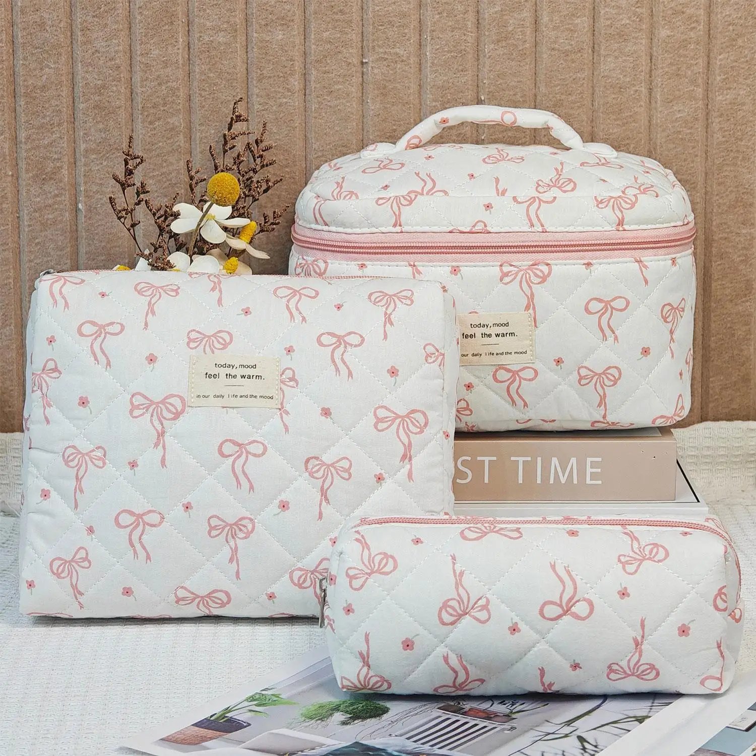 

New Fashion Bowknot Women Quilted Makeup Bag Portable Tote Cosmetic Toiletry Storage Pouch Handbag Flower Cotton Zipper Bags