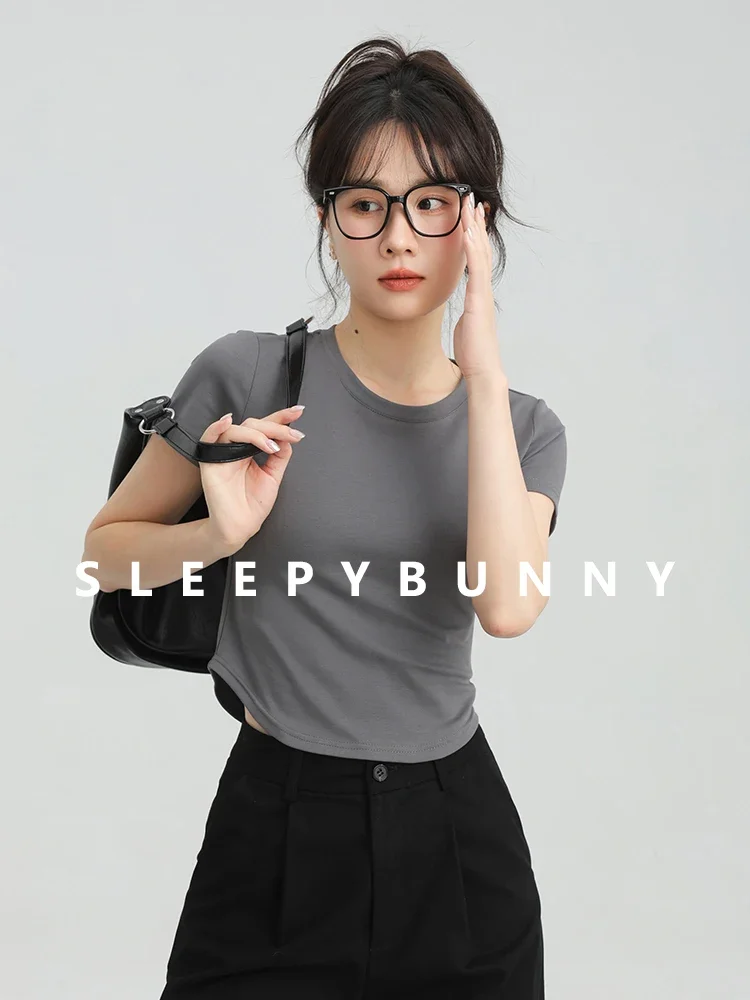 

Summer Slim Fit Stretch T-Shirt for Women Solid Color Crew Neck Short Sleeve Top 2025 Casual Basic Crop Tee Minimal Skinny Style