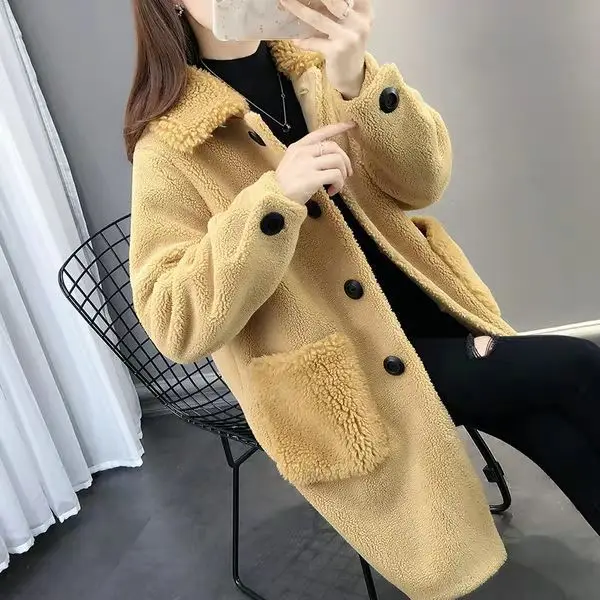 Grained Sheep Shearling Jacket Imitation Lamb Wool Ladies Mid-length Coat Thickened and Warm