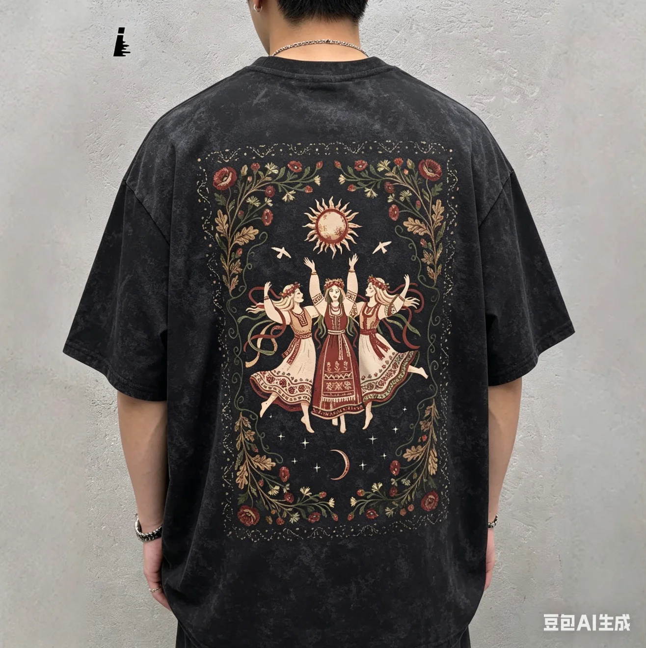 Slavic Folk Dancing Women Print T-Shirt | Vintage Sun & Moon Oversized Black Washed Tee Punk Streetwear Unisex Retro Graphic Tee