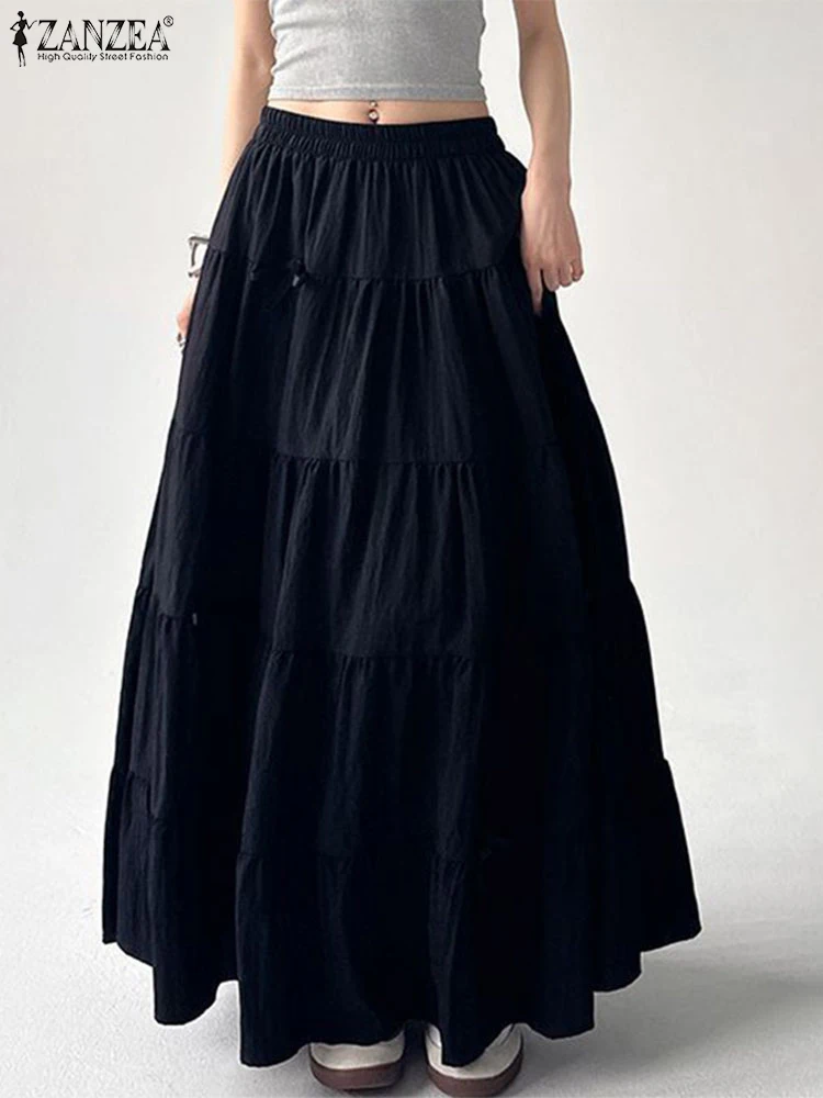 

ZANZEA Autumn Tiered Maxi Skirts Elastic Waist Bow Detail Women Loose Casual A-line Jupes Solid Korean Style Vacation Faldas