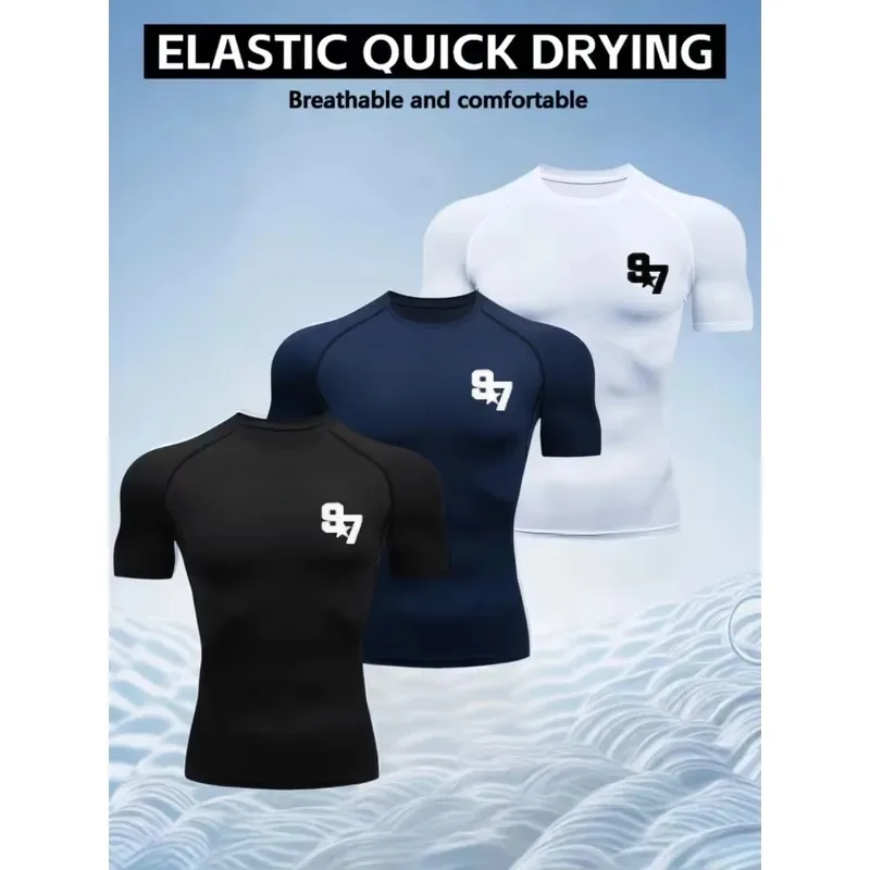 Men's 3Pcs Compression Workout Shirt High Elastic Quick Dry Breathable Number Print Gym Running Training Sportswear Tee