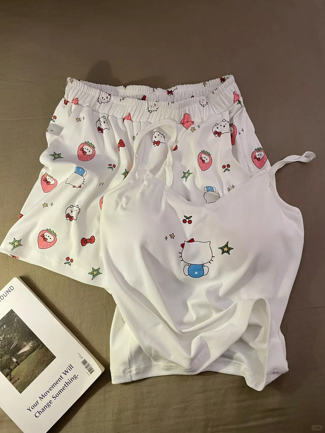 سانريو مرحبا كيتي بيجامة البدلة حبال فتاة طالب الصيف الكرتون القطن الخالص تي شيرت Y2K kawalismo مع وسادة الصدر هدية حلوة #3