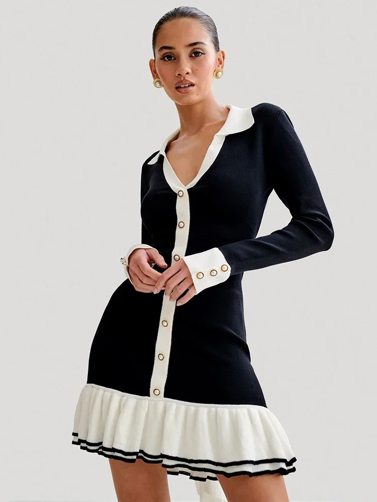 

New Long Sleeve Ruffled Knit Mini Dress for Women Autumn New V Neck Pearl Single-breasted Bow Bandage Knitted Dress Elegant
