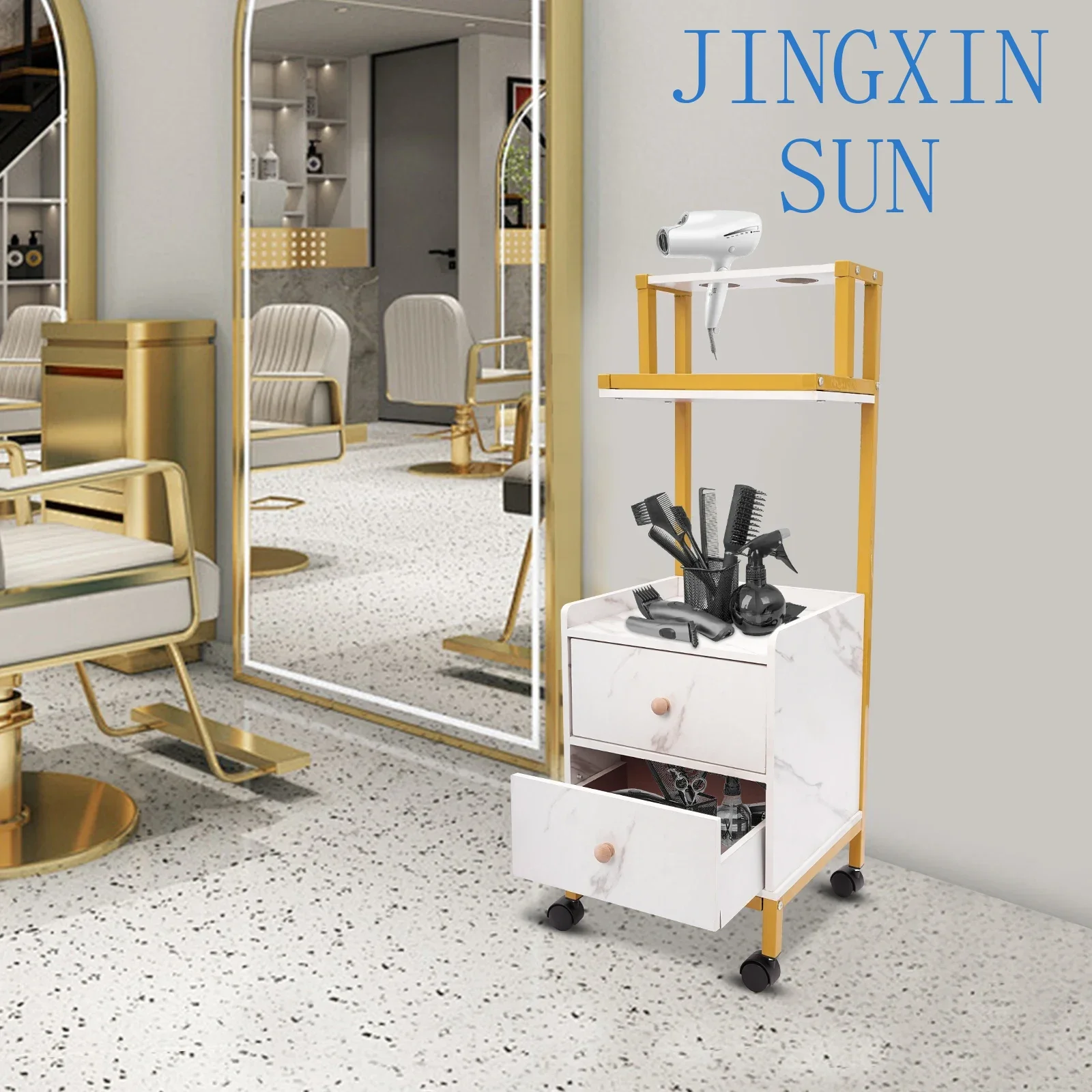 Salon Trolley with Wheels Rolling Barber Cart with Drawers Marbled Board for Beauty Salon Metal Frame Tool Holders