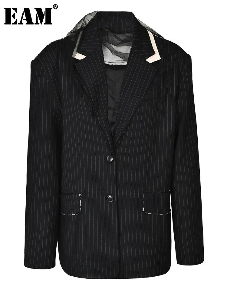 [EAM] Women Black Striped Topstitched Big Size Blazer New Lapel Long Sleeve Loose Fit Jacket Fashion Spring Autumn 2024 17A6435