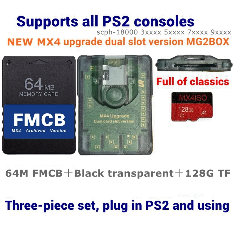 Transparente preto e cartão FMCB, PS2, MX4 atualizado, TF, cartão SD com pacote de combinação ISO PS2, PS2, MX4, 64G, 128G, 256G, MG2BOX