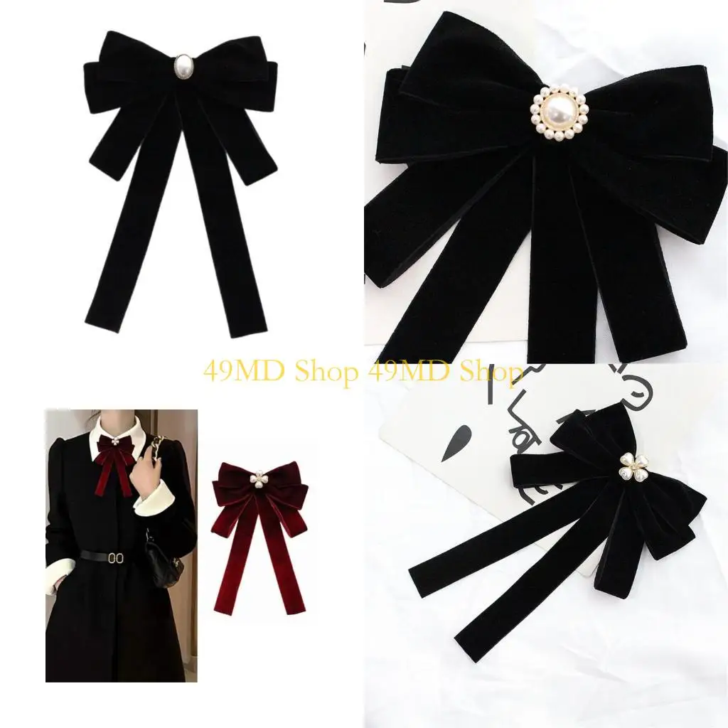 

49MD Elegant Rhinestones Pearls Bowtie Brooch Uniform Velvets Jabot Collar Necktie