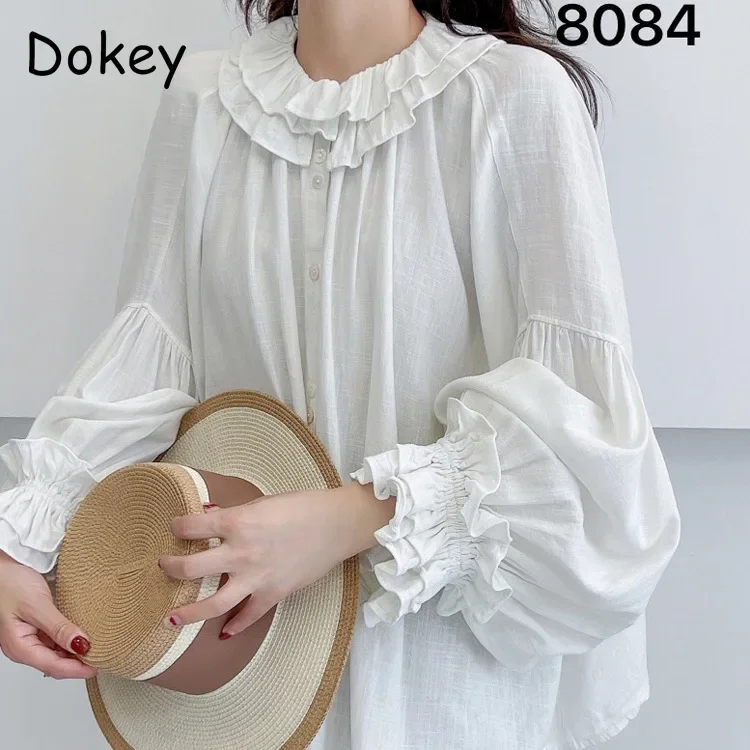 Women\'s Vintage Ruffles Collar Cotton Linen White Shirt, Japanese Mori Girl, Lantern Sleeves, Loose Tops, Female Blouses, Autumn