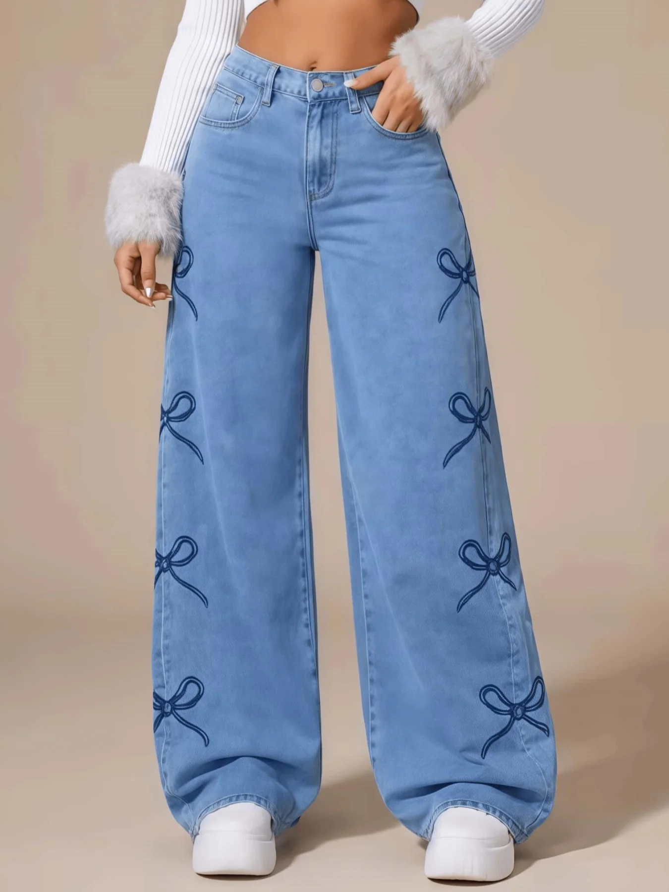 Women's High Waist Wide Leg Jeans Light Blue Bow Embroidery Y2K Sweet Coquette Baggy Vintage Streetwear Slimming Long Denim Trou