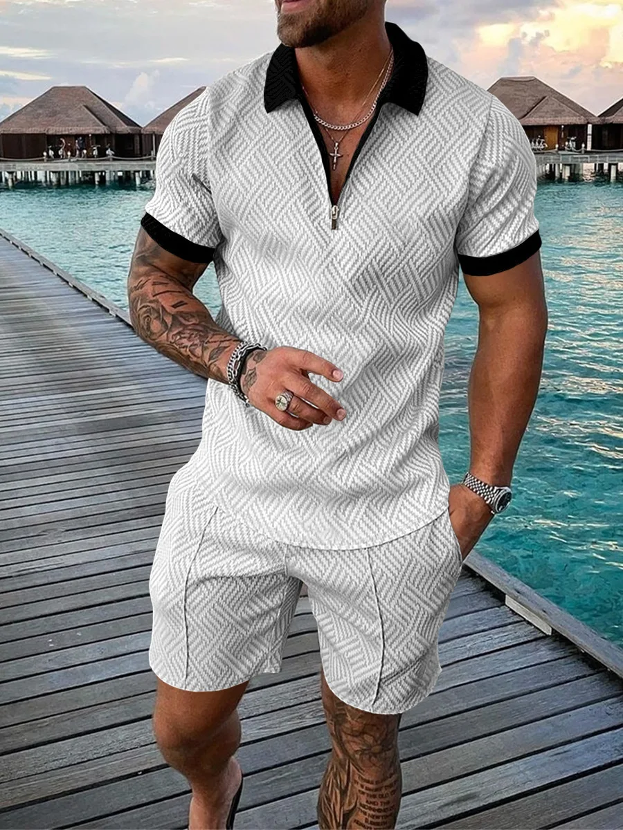 Summer Men's Sports Patchwork Pattern Short Sleeve Stylish Zipper Polo Shirt And Shorts Set Men's Casual Streetwear 2-pie Set