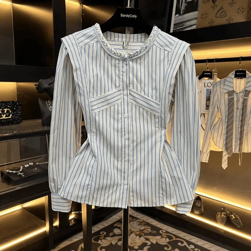 

Deeptown Blue Striped Elegant Women Shirts Aesthetics Long Sleeve Korean Fashion Blouses Office Lady Casual Slim Waist Cinching