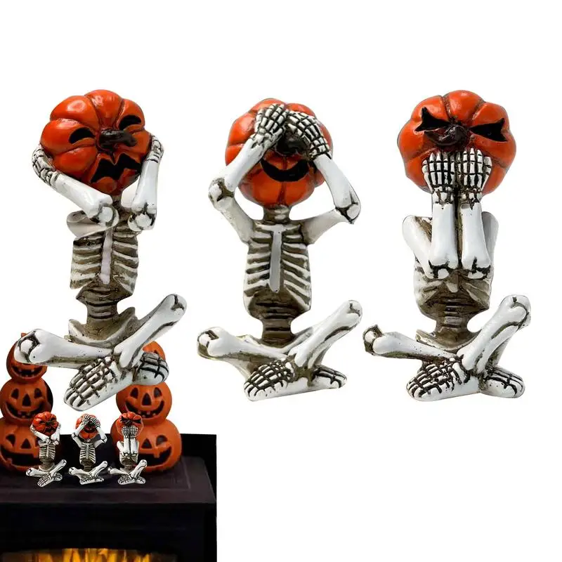 3PC/SetSkeleton Statue Halloween Meditating Pumpkin Skull Figurines Resin Skull Figurine Hear See Speak No Evil Statue Figurines