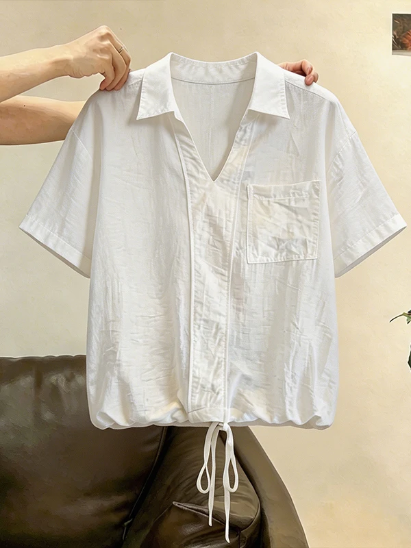 

Loose Women's Casual Shirt V-Neck Drawstring Hem Breathable Comfortable Korean Style Commute Wind Summer New Arrival