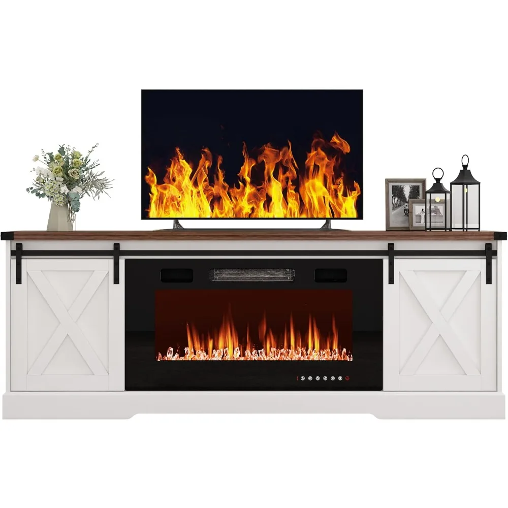 حامل تلفزيون مدفأة المزرعة لتلفزيون 70/75/80 بوصة، وخزائن تخزين مركزية ترفيهية 70 بوصة مع مدفأة كهربائية مقاس 36 بوصة و