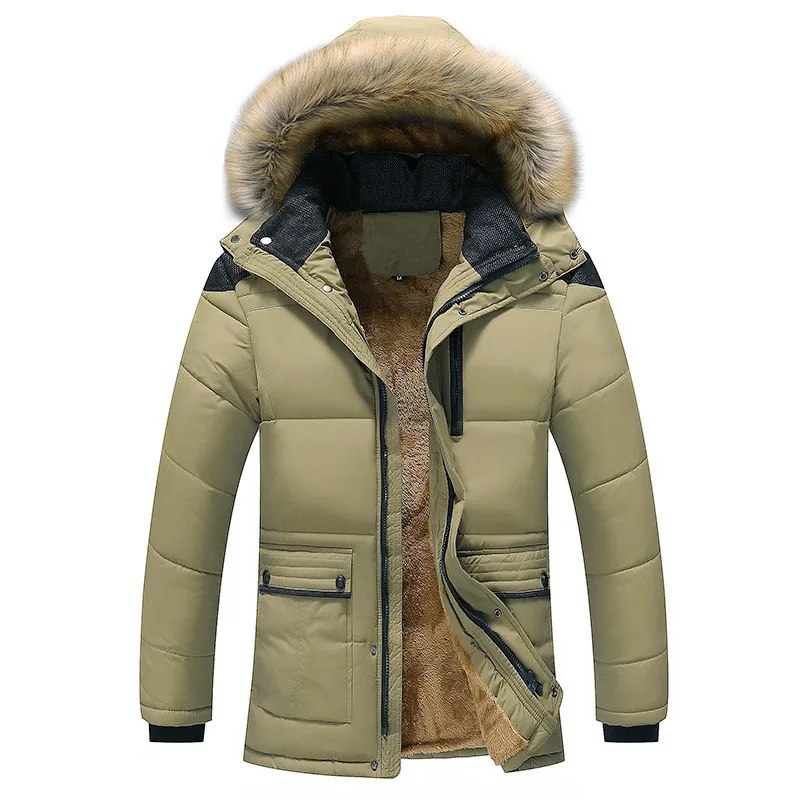 Casaco de inverno gola destacável casual juventude cor sólida veludo zíper médio longo algodão-acolchoado roupas jaqueta de inverno masculina