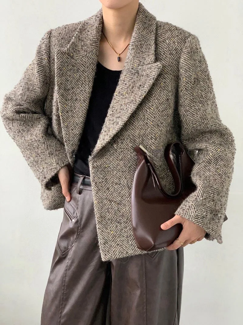 2024 New Autumn/Winter Women's Jacket Wool Coat Long Sleeve Short Coat Floral Coat Women's Fashion Loose Herringbone Pattern Coa