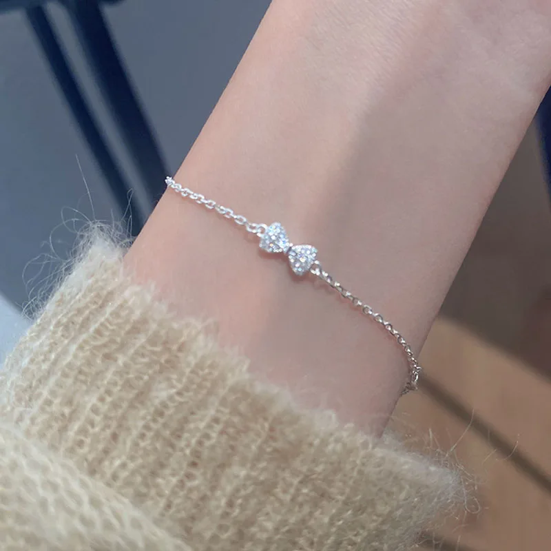 ANENJERY Silver Color Micro Zircon Bow Bracelet For Women Korean Ins Sweet Jewelry Girl Gift