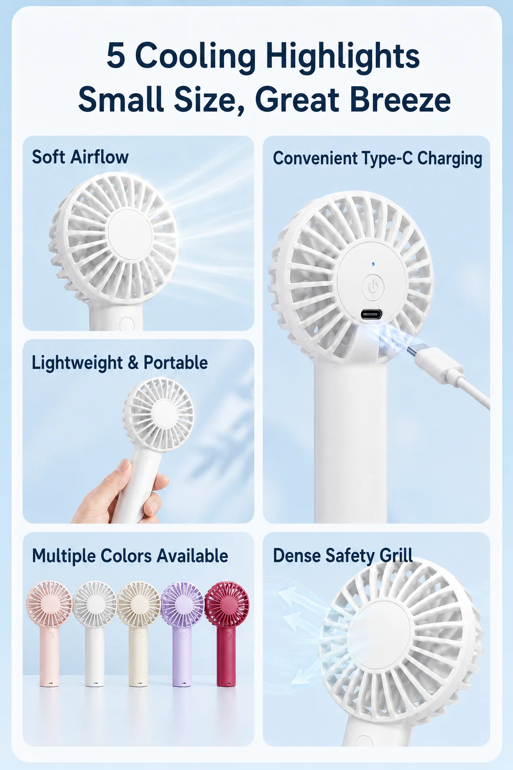 Mini Handheld Fan 3 Speeds Powerful Wind Type-C Fast Charging Portable Pocket Fan with Lanyard for Outdoor Camping