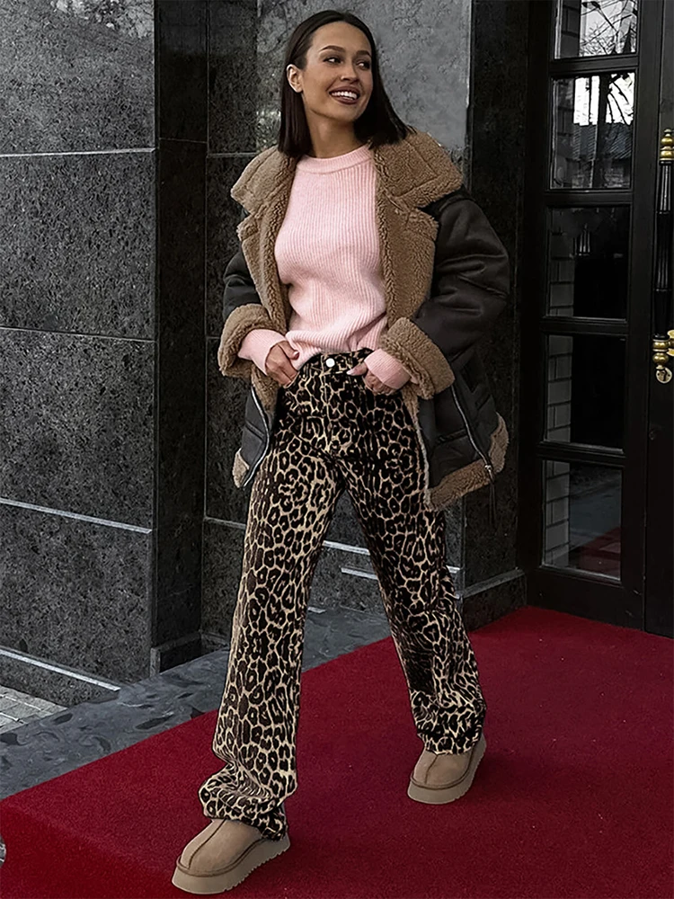 Aynaray Estate Inverno 2024 Pantaloni leopardati da donna Streetwear Pantaloni dritti a vita alta per donna