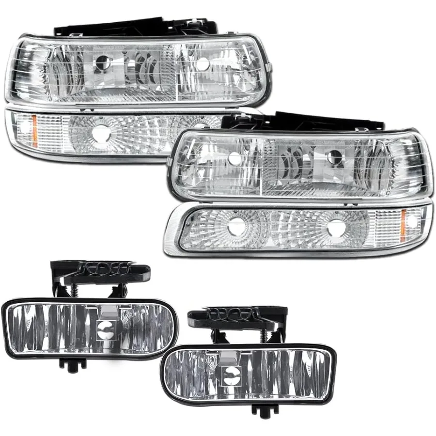 

4 шт. фары 2 шт. противотуманные фары Янтарный отражатель, совместимый с Chevy 1999-2002 Silverado 1500 2500 2000-2006 передние фары Suburban