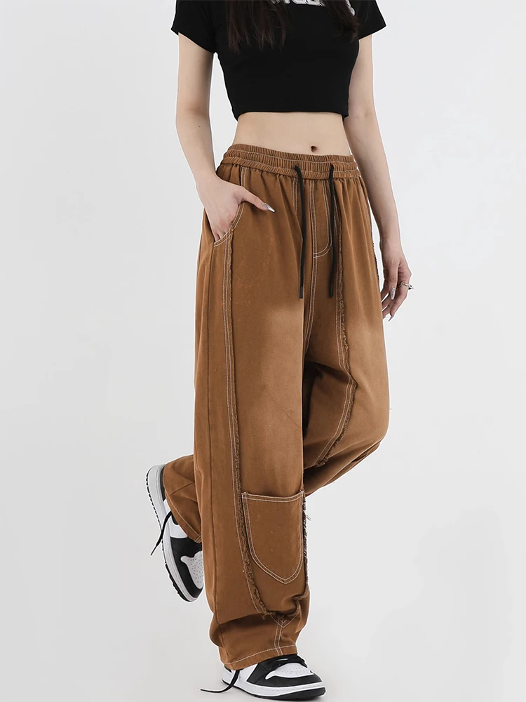 Women Vintage Streetwear Washed And Worn Out Straight Pants High Waist Casual Baggy Wide Leg Sports Pants Jeans Ladies