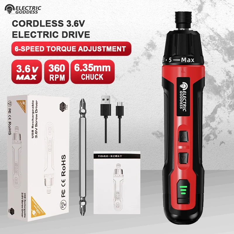 EGOD Cordless Electric Screwdriver 3.6V Rechargeable Adjustable Speed Driver Home DIY Type-C Interface Power Tools