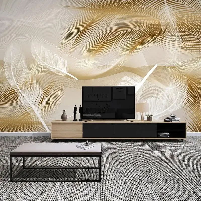 Custom Moder Wallpaper Wall Decor Art 3D Golden Lines White Feather Mural Luxury Living Room Sofa TV Background Papel De Parede