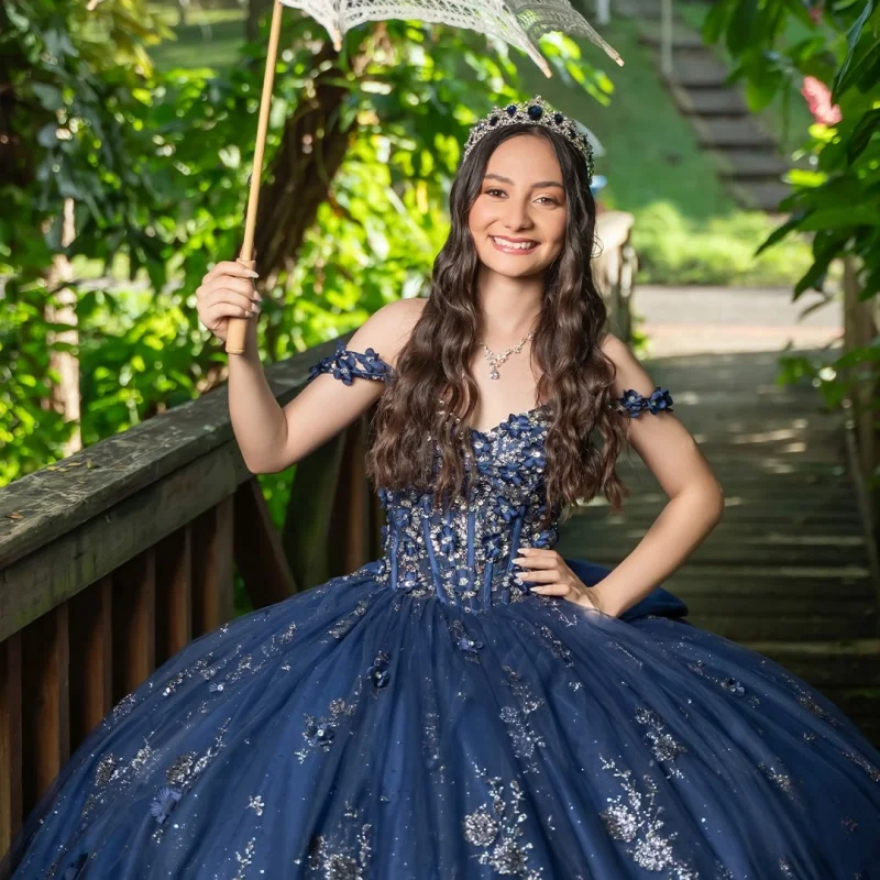 

Shiny dark blue Quinceanera Dress off-shoulder glitter 3D flower Decal Long tail Bow Vestidos De 15 Quinceanera ﻿Customize