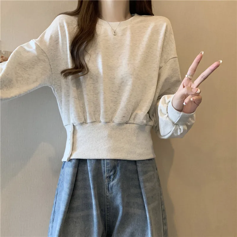 Sweatshirts Women Autumn College Cropped Tops Button Designed Fashion Tighten Waist Slimming All-match Casual Korean Style Chic